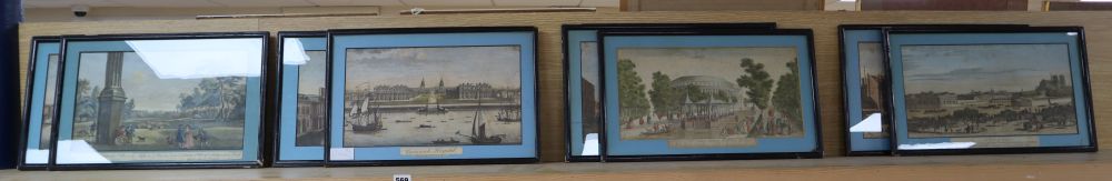 A near set of eight 18th century coloured engravings, Views of London and Paris, approximately 21 x 41cm